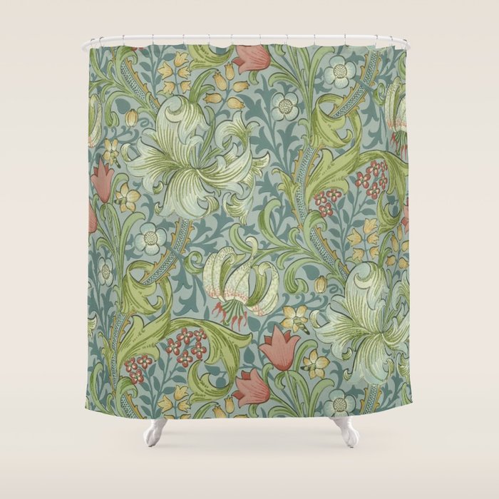 William Morris Vintage Golden Lily Mineral Blue Shower Curtain Gallery Image 1