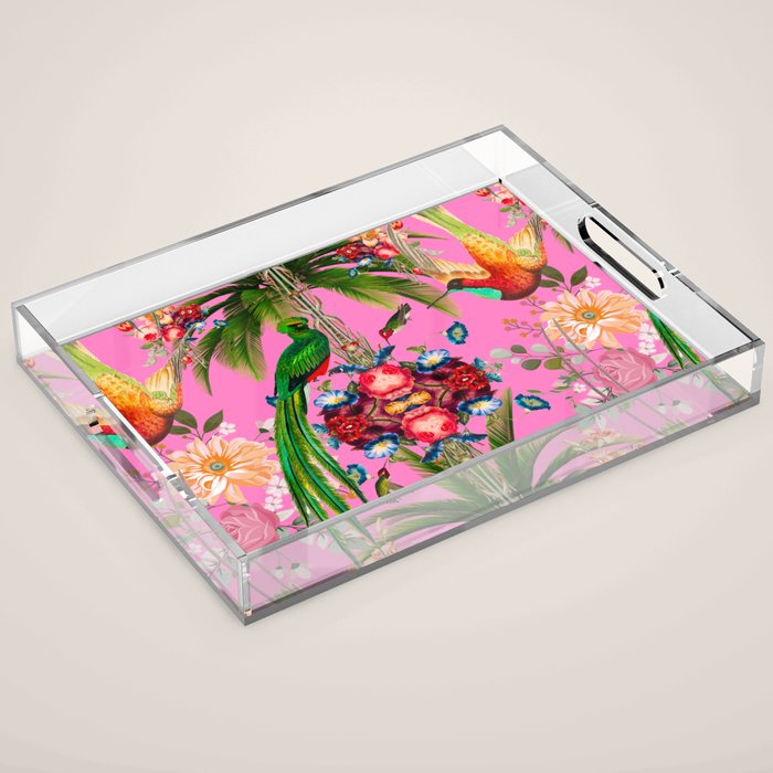 Tropical,vintage,exotic,summer,birds,hummingbird,flowers,baroque  Acrylic Tray Gallery Image 1