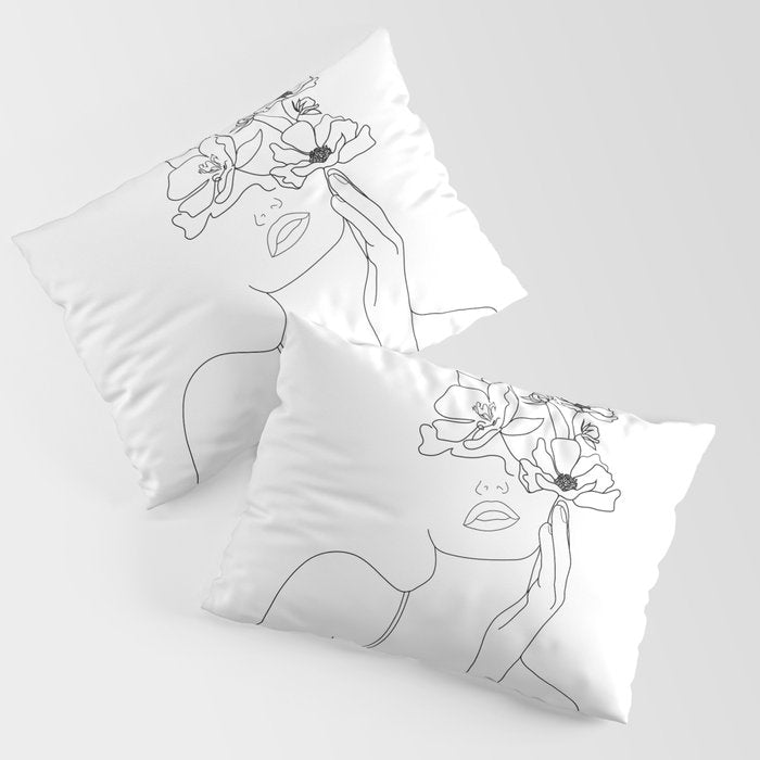 Minimal Line Art Woman with Flowers Pillow Sham Gallery Image 3
