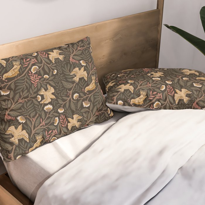 Secret Garden Spring Birds - Forest Green Pillow Sham Gallery Image 2