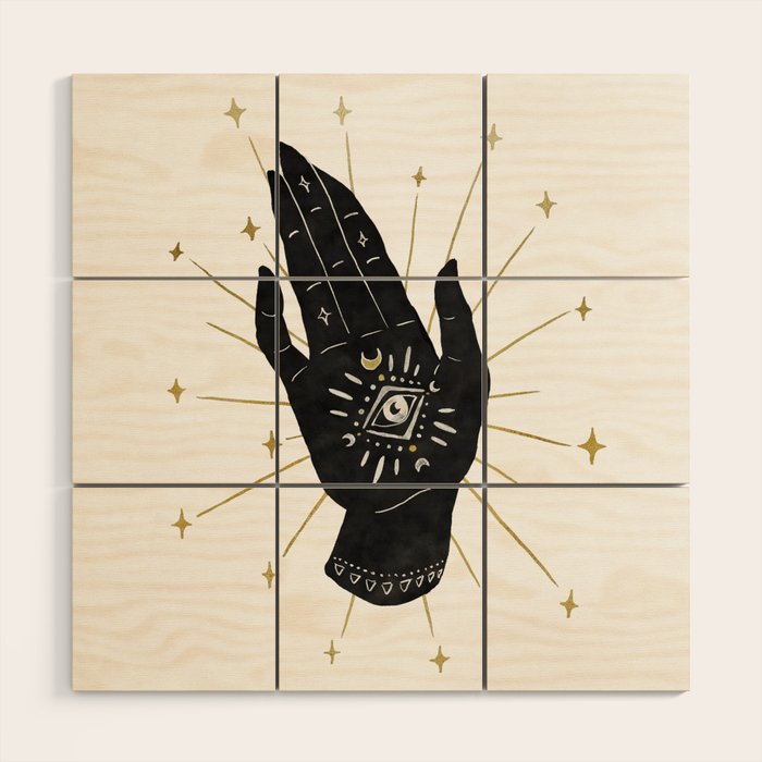 Mystic Hand with Eye - Black and Gold Ink Wood Wall Art Gallery Image 1