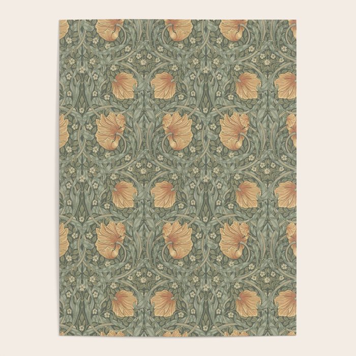 William Morris Vintage Pimpernel Peach Blue Green  Poster Gallery Image 1