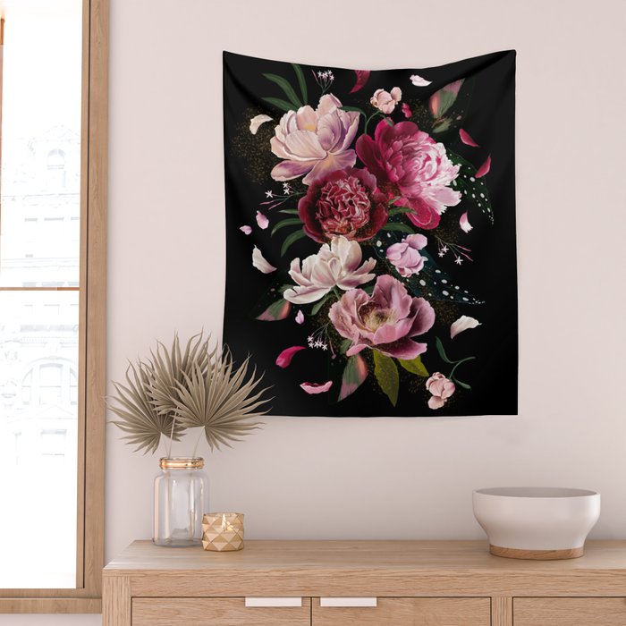 Black Peonies Explosion Wall Tapestry Gallery Image 2