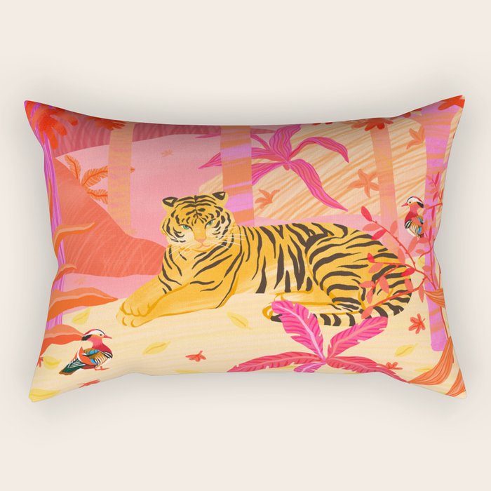 Tiger and Mandarin Ducks Rectangular Pillow Gallery Image 1
