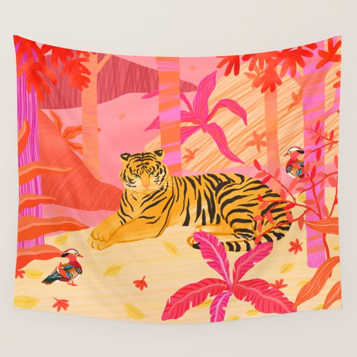 Tiger and Mandarin Ducks Wall Tapestry Gallery Image 4