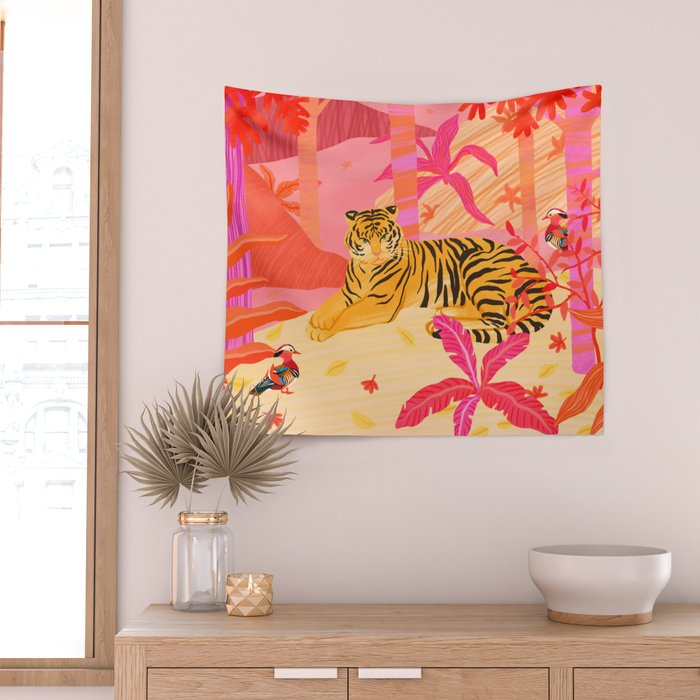 Tiger and Mandarin Ducks Wall Tapestry Gallery Image 2