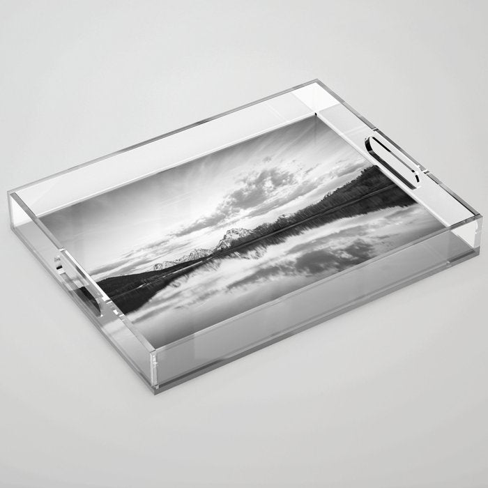 Grand Teton Black & White Wyoming National Park Oxbow Bend Landscape Acrylic Tray Gallery Image 1