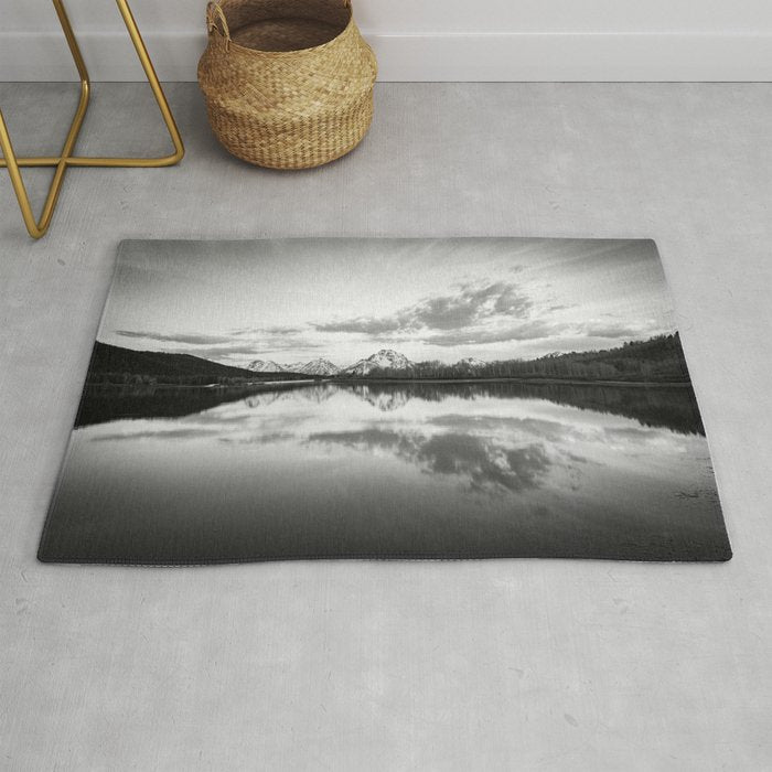 Grand Teton Black & White Wyoming National Park Oxbow Bend Landscape Rug Gallery Image 1