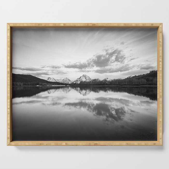 Grand Teton Black & White Wyoming National Park Oxbow Bend Landscape Serving Tray Gallery Image 1