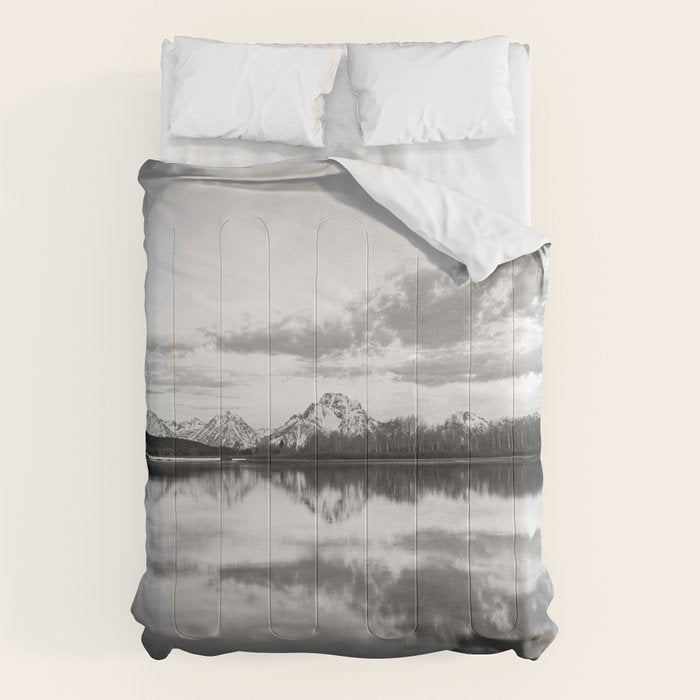 Grand Teton Black & White Wyoming National Park Oxbow Bend Landscape Comforter Gallery Image 6