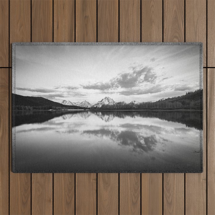 Grand Teton Black & White Wyoming National Park Oxbow Bend Landscape Outdoor Rug Gallery Image 1