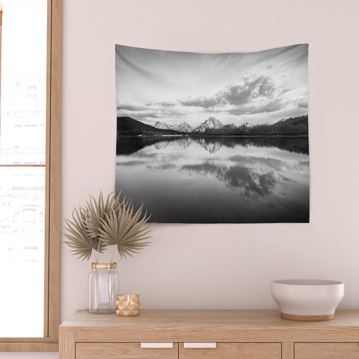 Grand Teton Black & White Wyoming National Park Oxbow Bend Landscape Wall Tapestry Gallery Image 2