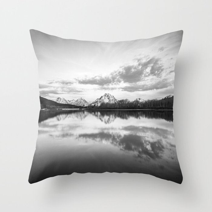 Grand Teton Black & White Wyoming National Park Oxbow Bend Landscape Throw Pillow Gallery Image 1