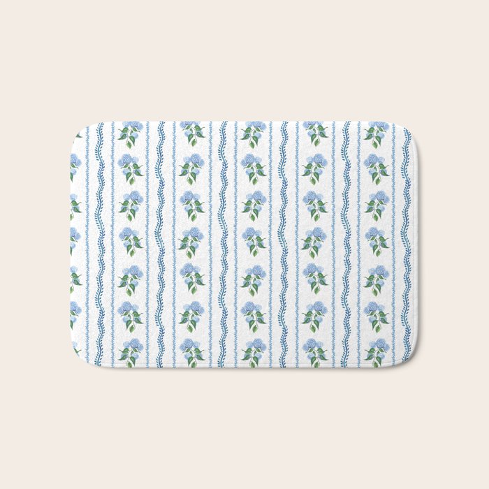Hydrangea blue and white stripes coastal style Bath Mat Gallery Image 1
