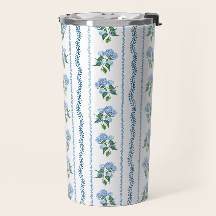 Hydrangea blue and white stripes coastal style Travel Mug Gallery Image 2