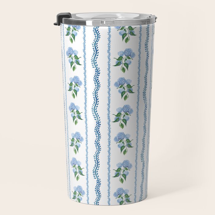 Hydrangea blue and white stripes coastal style Travel Mug Gallery Image 3