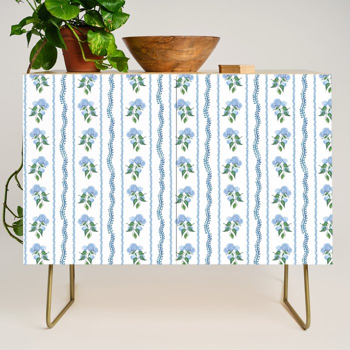 Hydrangea blue and white stripes coastal style Credenza Gallery Image 1