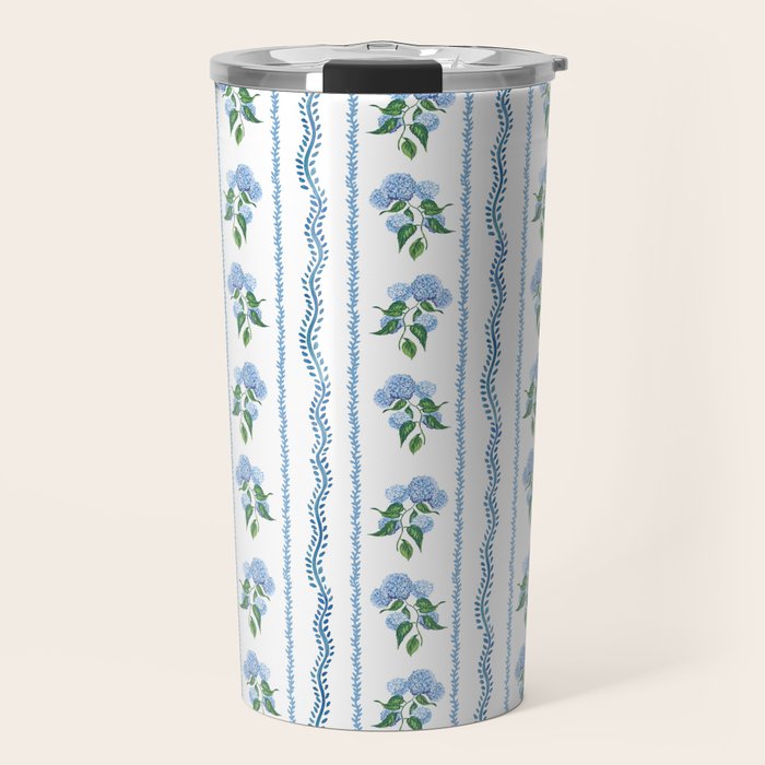 Hydrangea blue and white stripes coastal style Travel Mug Gallery Image 1