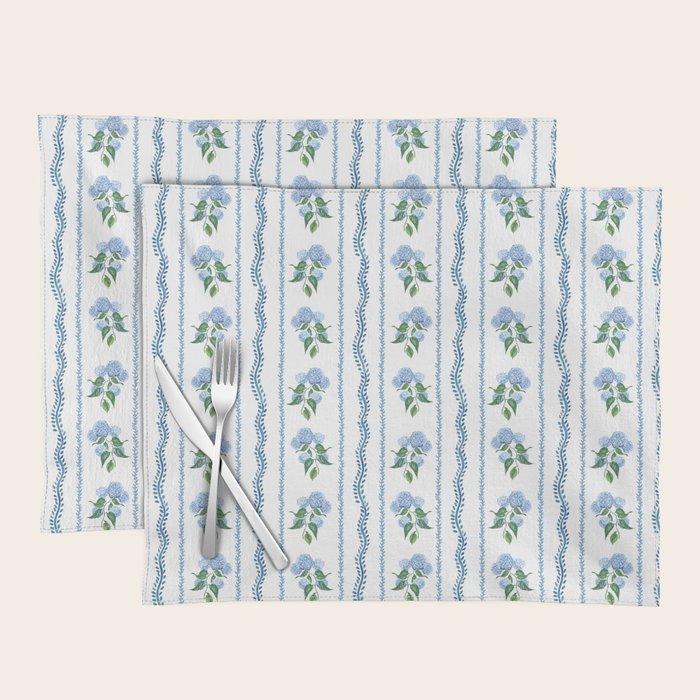 Hydrangea blue and white stripes coastal style Placemat Gallery Image 1