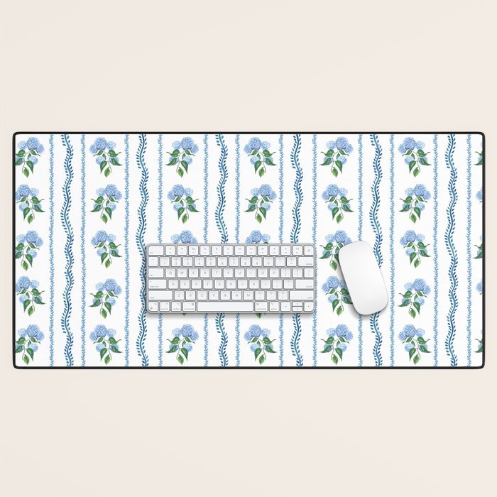 Hydrangea blue and white stripes coastal style Desk Mat Gallery Image 1