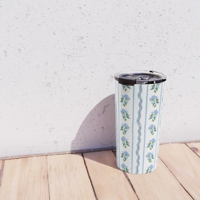 Hydrangea blue and white stripes coastal style Travel Mug Gallery Image 4