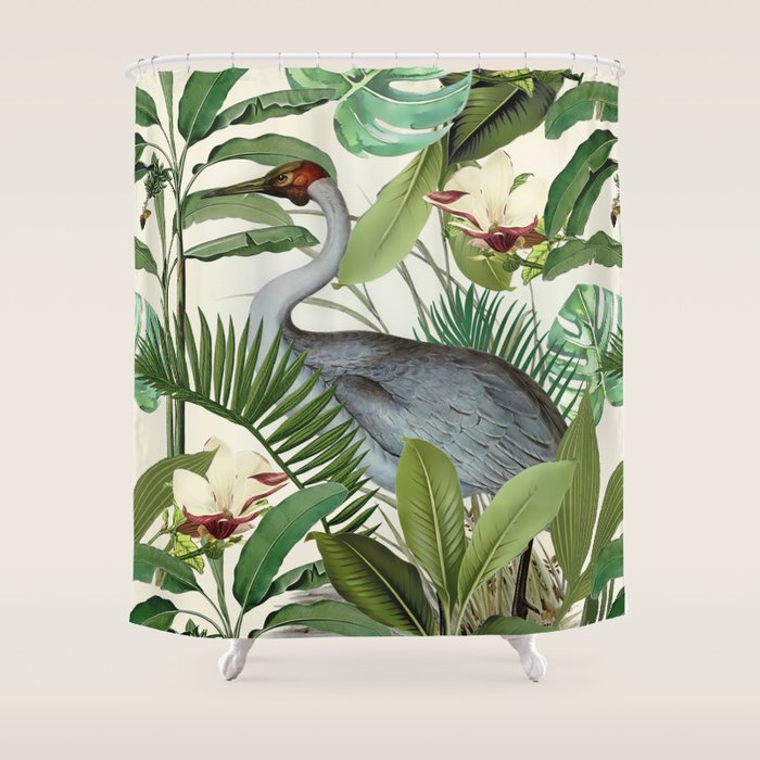 Tropical Heron Bird Rainforest Illustration Shower Curtain Gallery Image 1