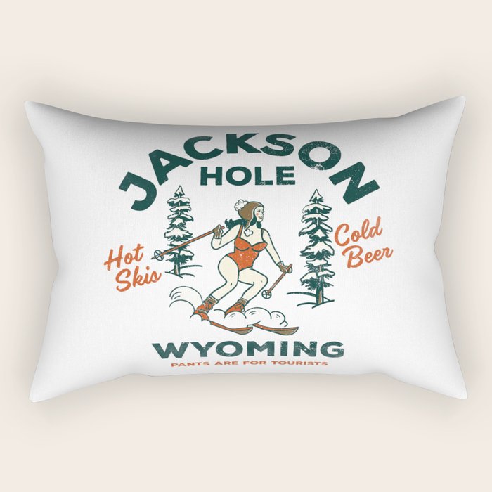 Jackson Hole Wyoming: Pants Are For Tourists. Cool, Retro Girl Skiing Art Rectangular Pillow Gallery Image 1