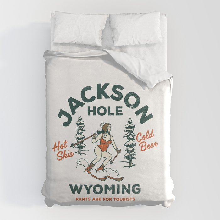 Jackson Hole Wyoming: Pants Are For Tourists. Cool, Retro Girl Skiing Art Duvet Cover Gallery Image 1