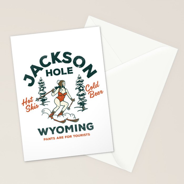 Jackson Hole Wyoming: Pants Are For Tourists. Cool, Retro Girl Skiing Art Stationery Card Gallery Image 2
