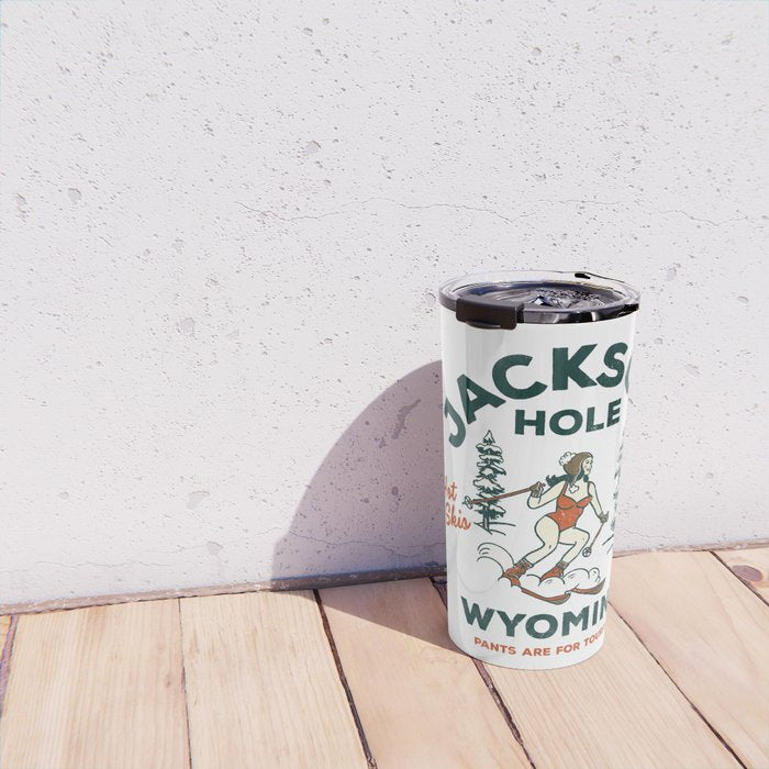 Jackson Hole Wyoming: Pants Are For Tourists. Cool, Retro Girl Skiing Art Travel Mug Gallery Image 4