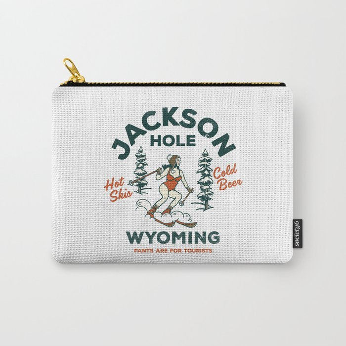 Jackson Hole Wyoming: Pants Are For Tourists. Cool, Retro Girl Skiing Art Carry All Pouch Gallery Image 1