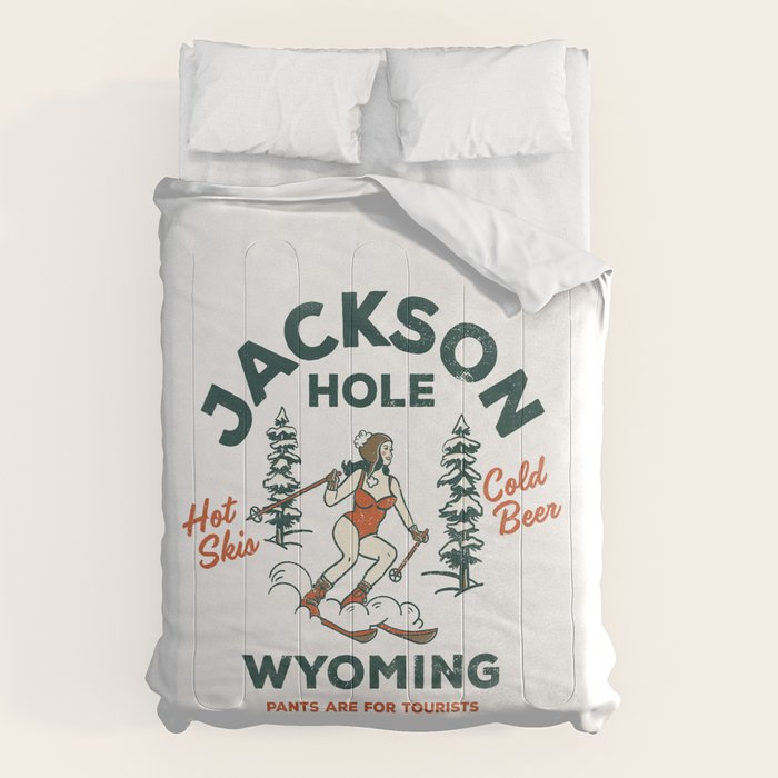 Jackson Hole Wyoming: Pants Are For Tourists. Cool, Retro Girl Skiing Art Comforter Gallery Image 1