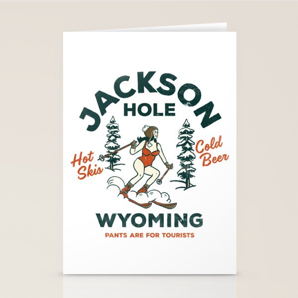 Jackson Hole Wyoming: Pants Are For Tourists. Cool, Retro Girl Skiing Art Stationery Card Gallery Image 2