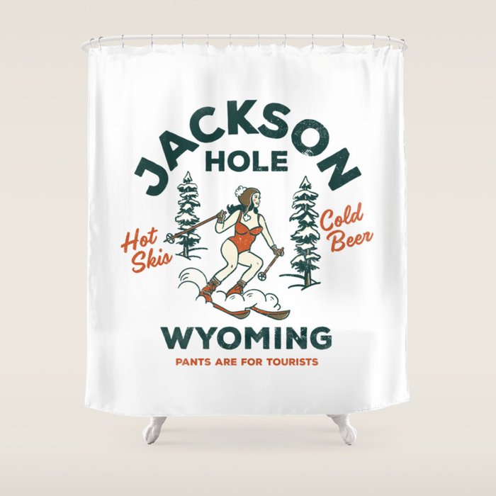 Jackson Hole Wyoming: Pants Are For Tourists. Cool, Retro Girl Skiing Art Shower Curtain Gallery Image 1