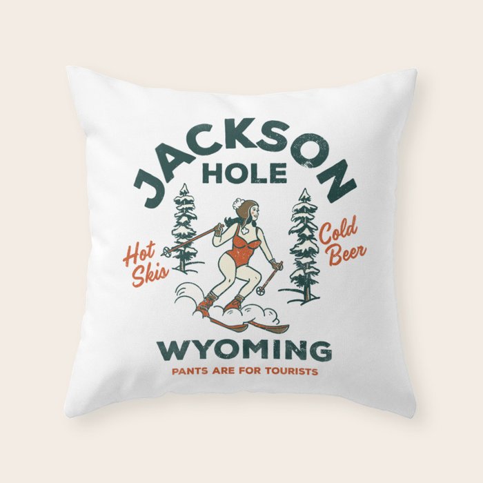 Jackson Hole Wyoming: Pants Are For Tourists. Cool, Retro Girl Skiing Art Throw Pillow Gallery Image 1