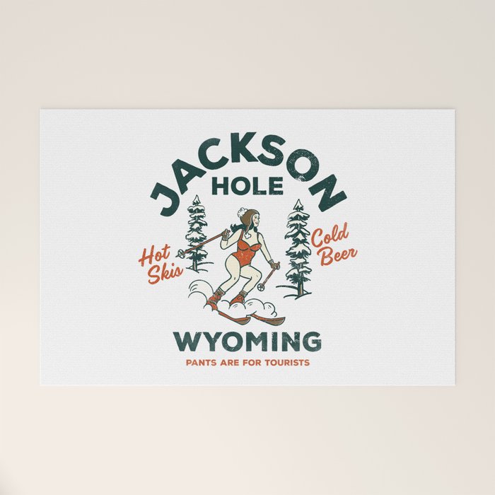 Jackson Hole Wyoming: Pants Are For Tourists. Cool, Retro Girl Skiing Art Welcome Mat Gallery Image 1