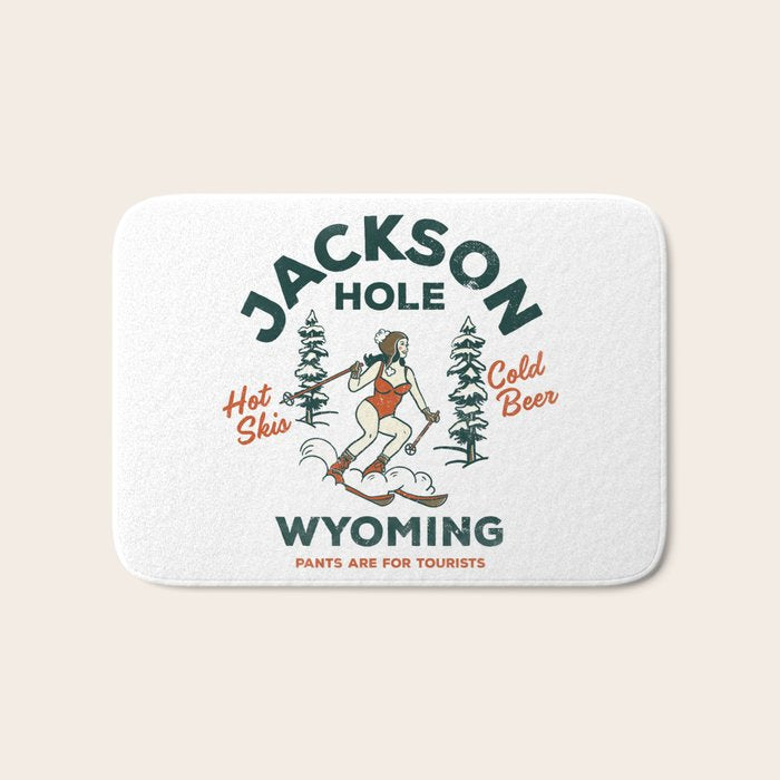 Jackson Hole Wyoming: Pants Are For Tourists. Cool, Retro Girl Skiing Art Bath Mat Gallery Image 1