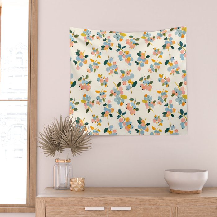 Blueberries Pattern - Pastel Watercolor Berries on Cream Background Wall Tapestry Gallery Image 2