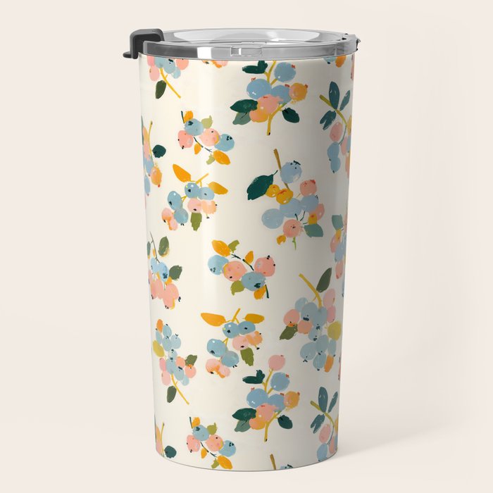 Blueberries Pattern - Pastel Watercolor Berries on Cream Background Travel Mug Gallery Image 3