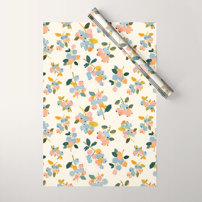 Blueberries Pattern - Pastel Watercolor Berries on Cream Background Wrapping Paper Gallery Image 1