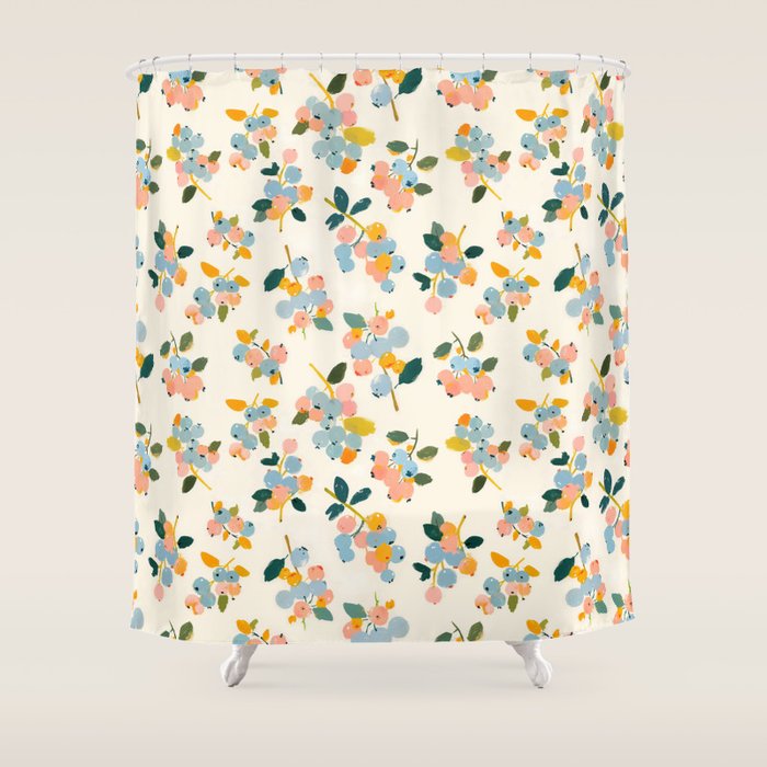 Blueberries Pattern - Pastel Watercolor Berries on Cream Background Shower Curtain Gallery Image 1