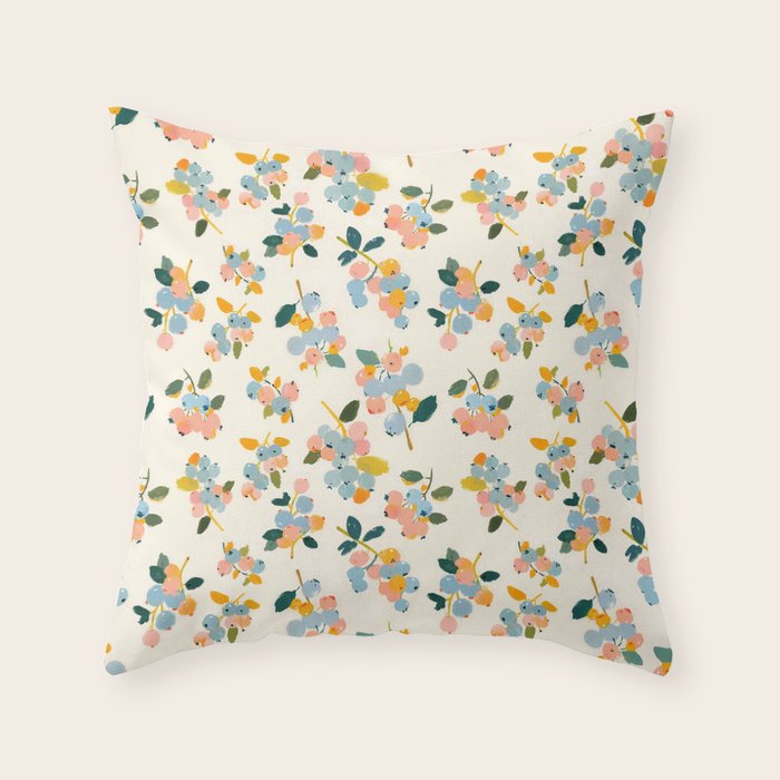 Blueberries Pattern - Pastel Watercolor Berries on Cream Background Throw Pillow Gallery Image 1