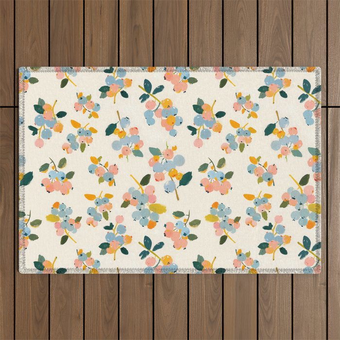 Blueberries Pattern - Pastel Watercolor Berries on Cream Background Outdoor Rug Gallery Image 1