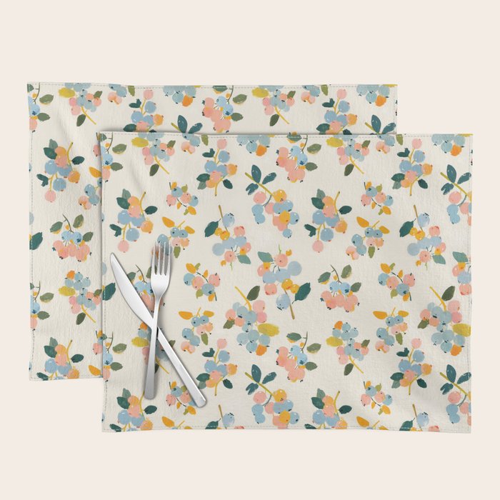 Blueberries Pattern - Pastel Watercolor Berries on Cream Background Placemat Gallery Image 1
