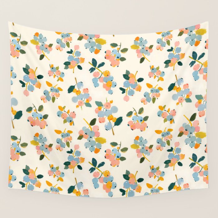 Blueberries Pattern - Pastel Watercolor Berries on Cream Background Wall Tapestry Gallery Image 4