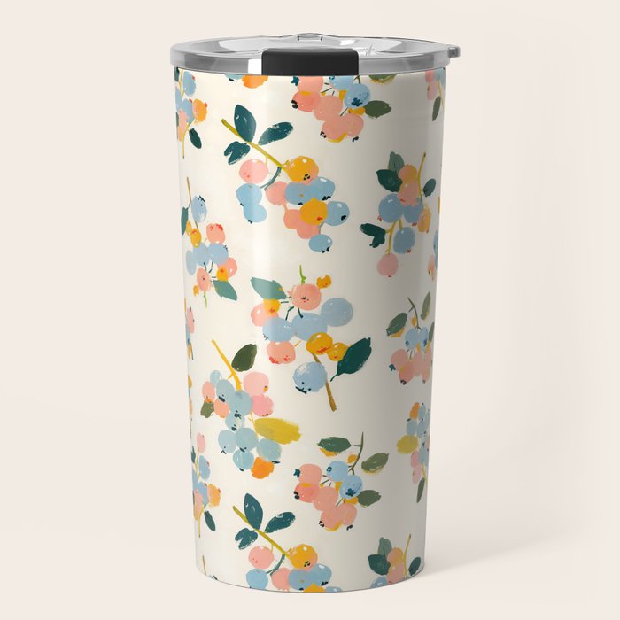 Blueberries Pattern - Pastel Watercolor Berries on Cream Background Travel Mug Gallery Image 1