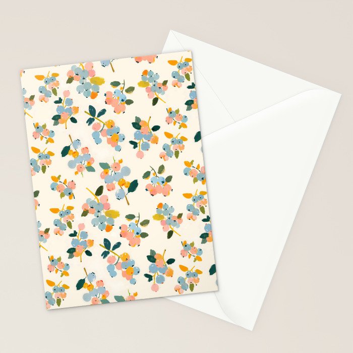 Blueberries Pattern - Pastel Watercolor Berries on Cream Background Stationery Card Gallery Image 2