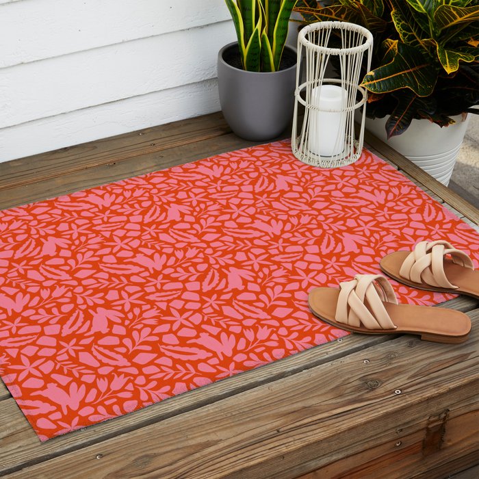 Folk Art Bunnies - Tomato and Pink Outdoor Rug Gallery Image 2