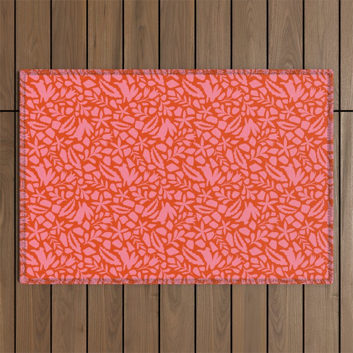 Folk Art Bunnies - Tomato and Pink Outdoor Rug Gallery Image 1