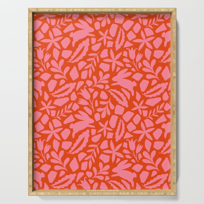 Folk Art Bunnies - Tomato and Pink Serving Tray Gallery Image 1